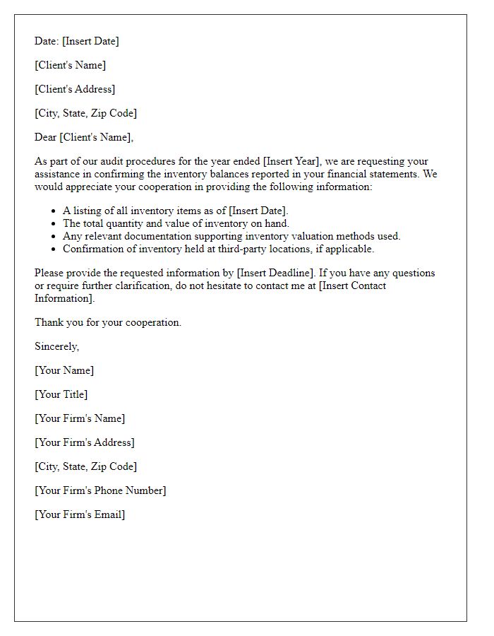 Letter template of audit evidence request for inventory confirmation.