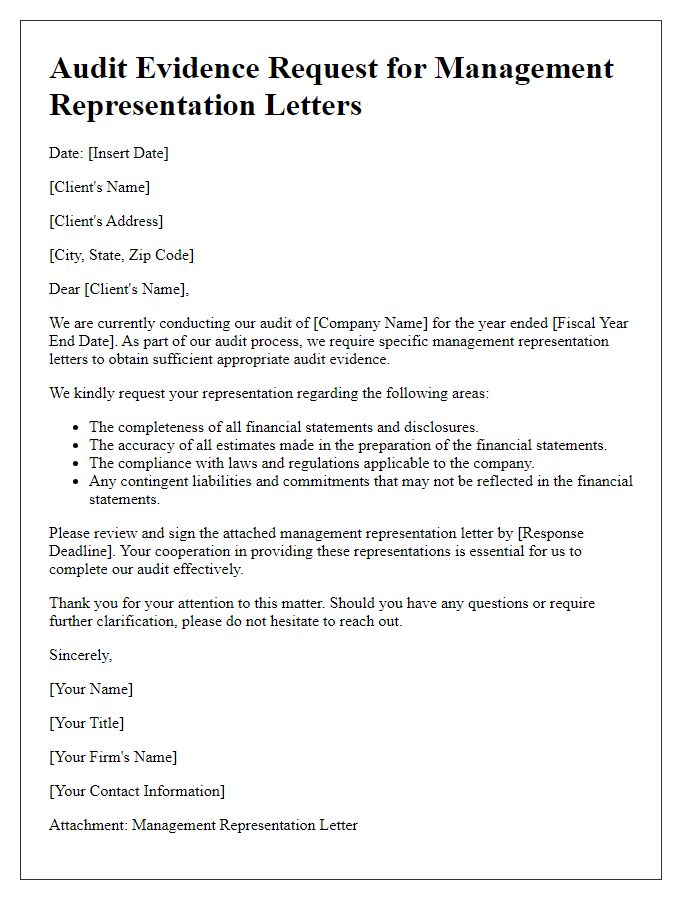 Letter template of audit evidence request for management representation letters.