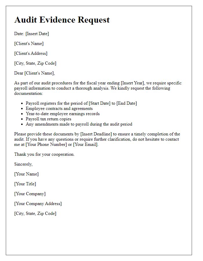 Letter template of audit evidence request for payroll information analysis.