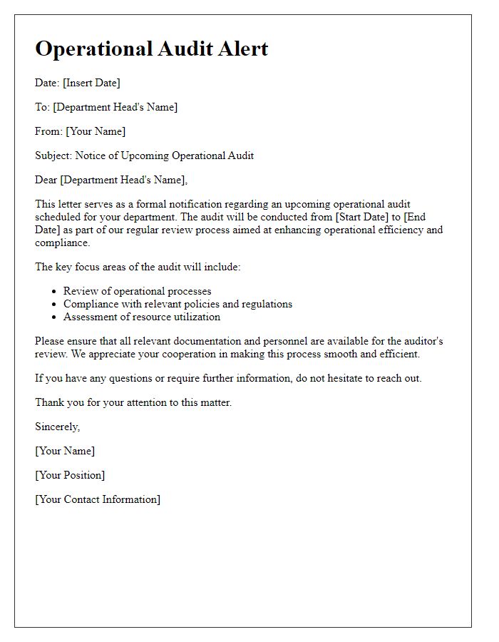 Letter template of operational audit alert for department heads