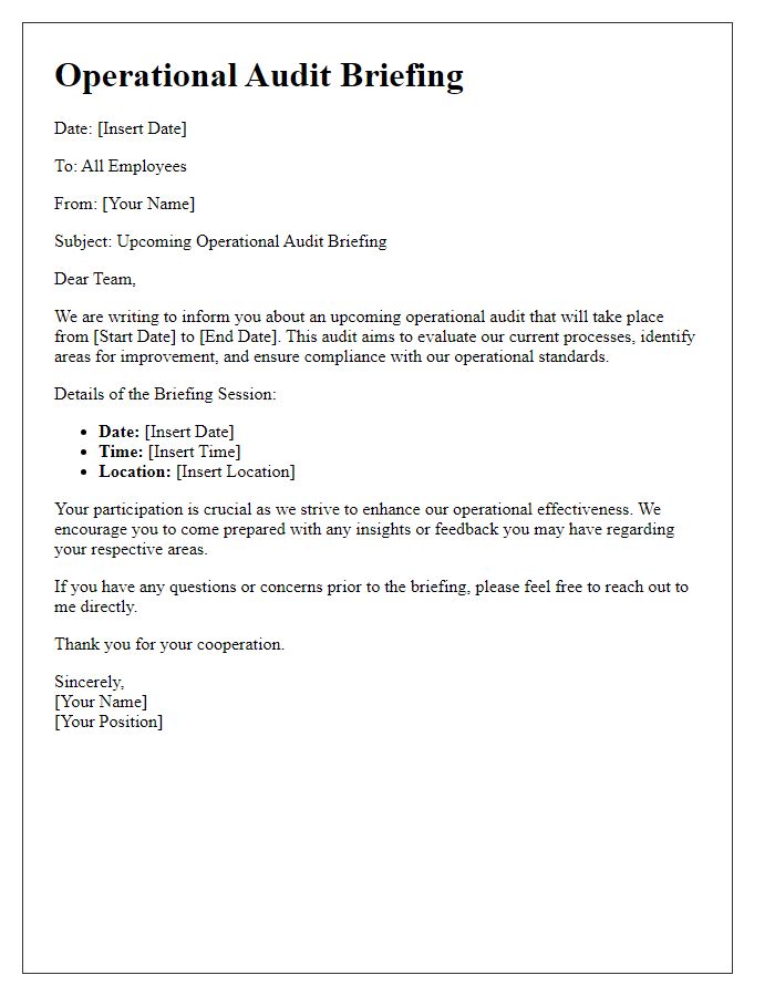 Letter template of operational audit briefing for employees