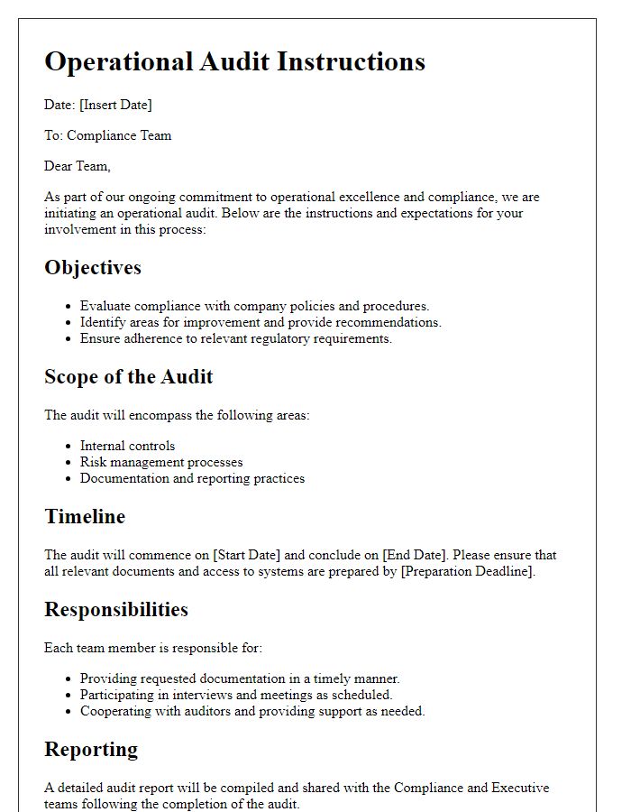 Letter template of operational audit instructions for compliance team