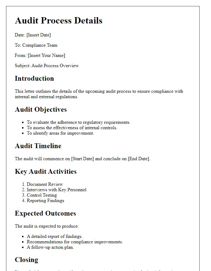 Letter template of audit process details for compliance team