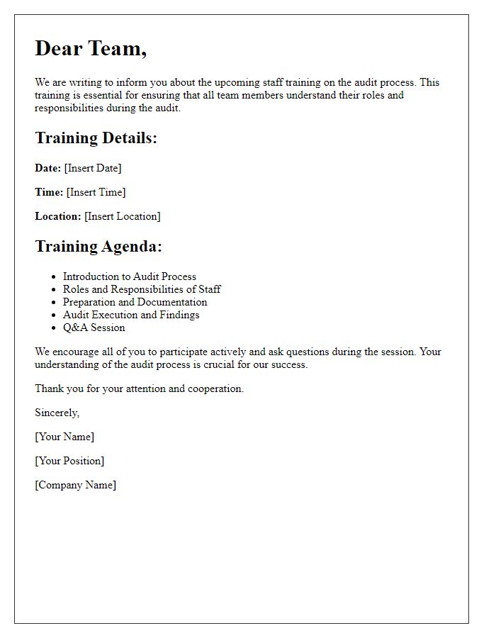 Letter template of audit process explanation for staff training