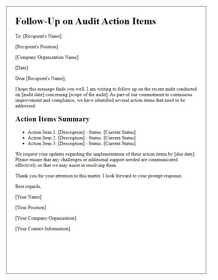 Letter template of audit process follow-up for action items