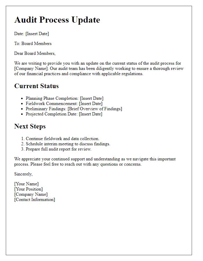 Letter template of audit process updates for board members