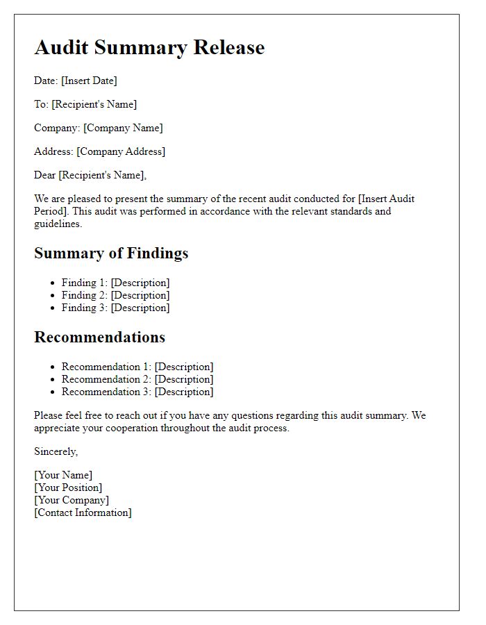 Letter template of audit summary release.