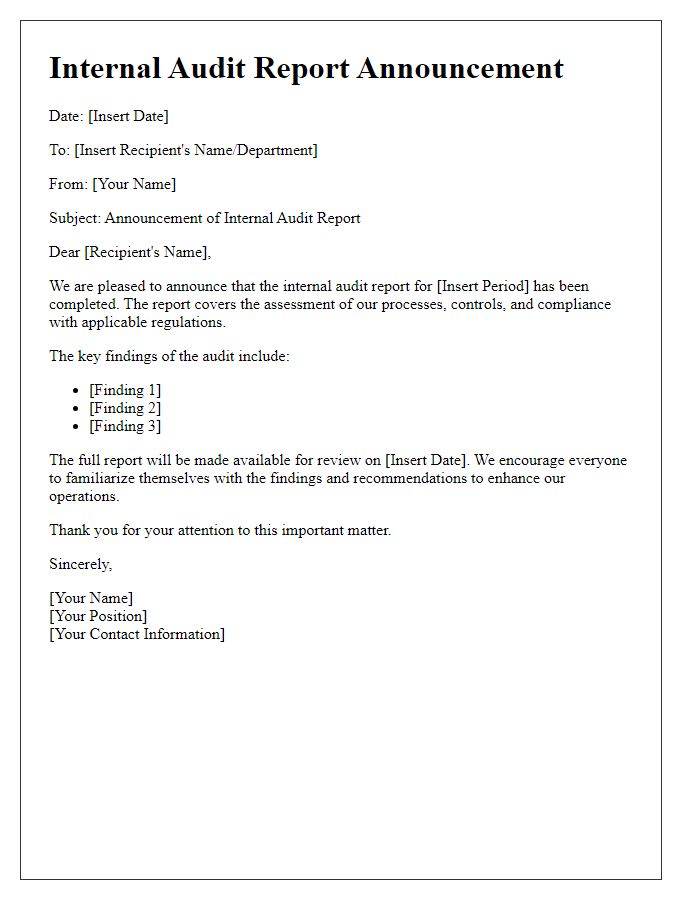 Letter template of internal audit report announcement.