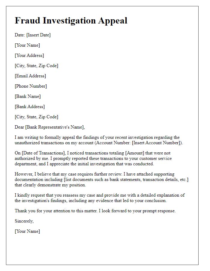 Letter template of fraud investigation appeal for unauthorized transactions.