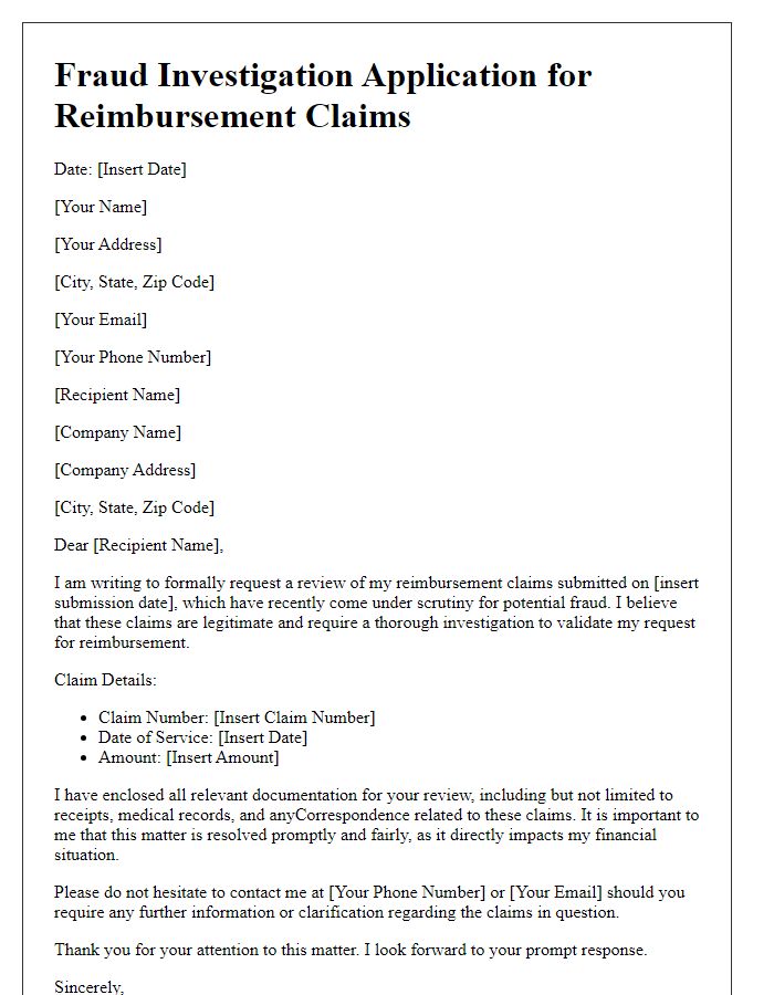 Letter template of fraud investigation application for reimbursement claims.