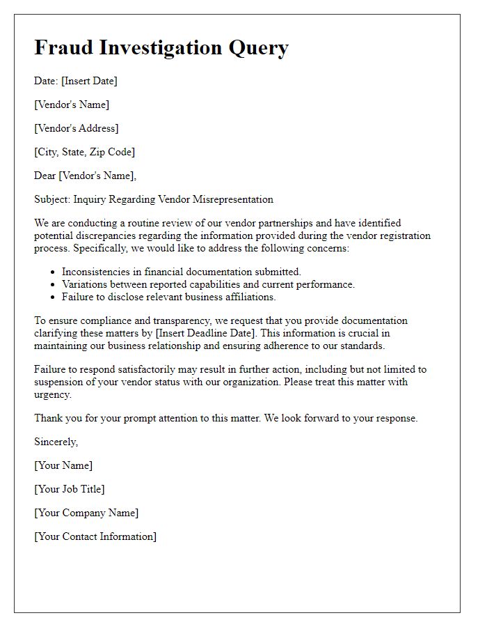 Letter template of fraud investigation query for vendor misrepresentation.