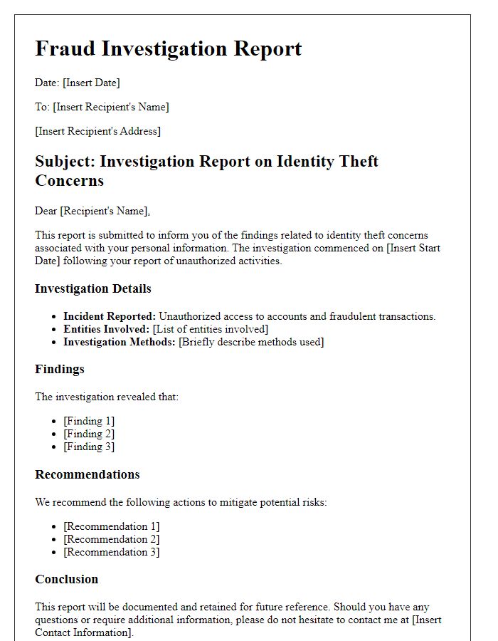 Letter template of fraud investigation report for identity theft concerns.