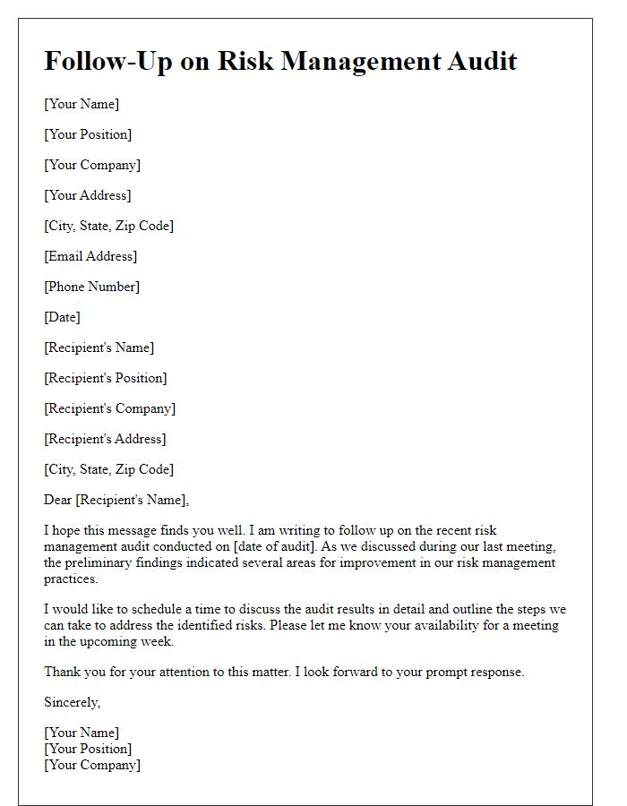 Letter template of follow-up on risk management audit