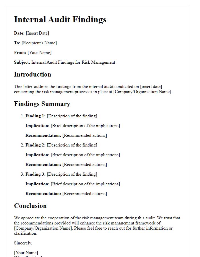 Letter template of internal audit findings for risk management