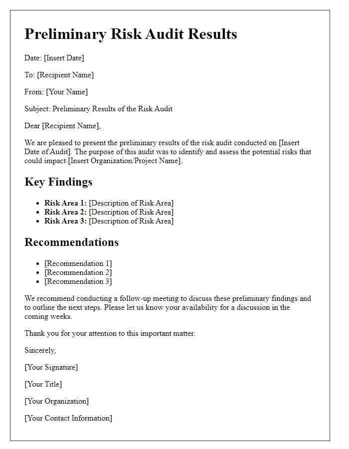 Letter template of preliminary risk audit results