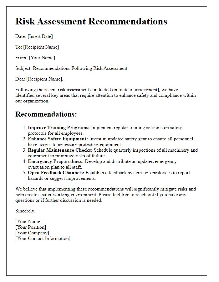 Letter template of risk assessment recommendations