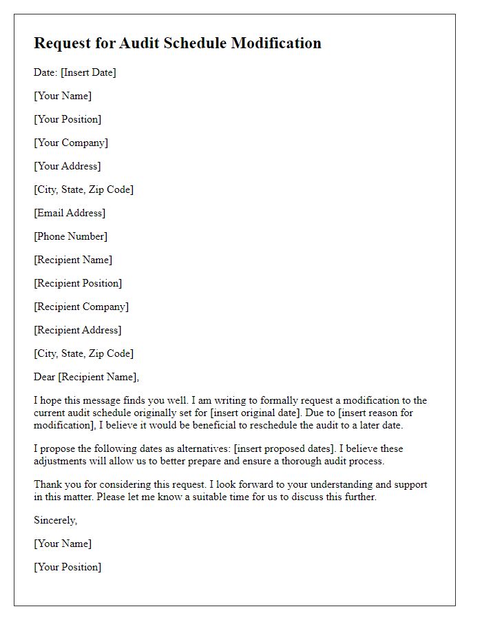 Letter template of request for audit schedule modification