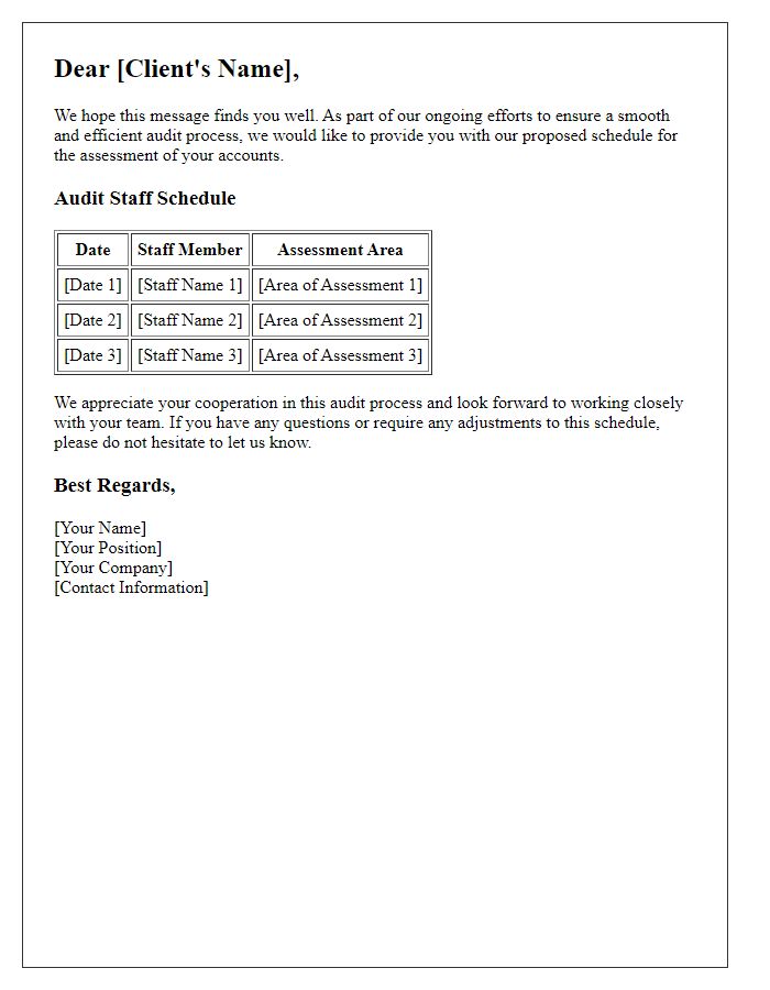 Letter template of audit staff scheduling for client assessments