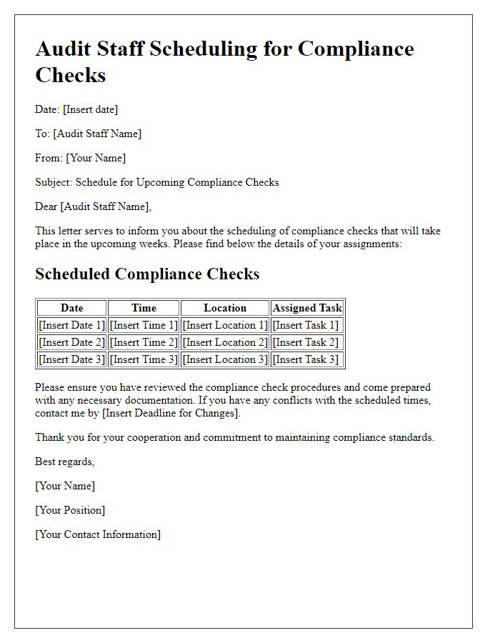 Letter template of audit staff scheduling for compliance checks