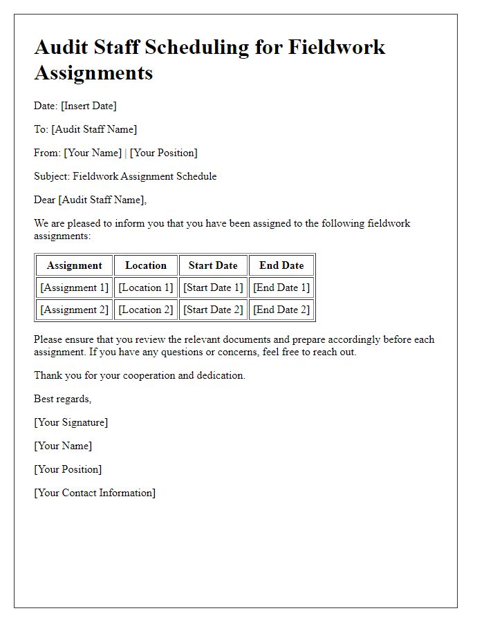 Letter template of audit staff scheduling for fieldwork assignments