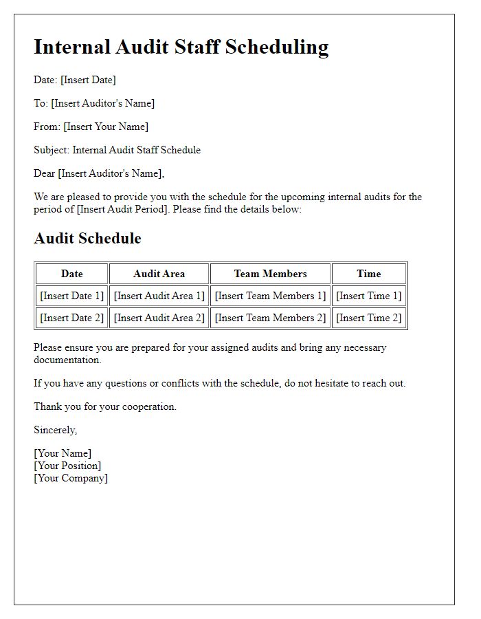 Letter template of audit staff scheduling for internal audits