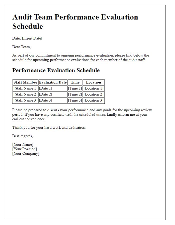 Letter template of audit staff scheduling for performance evaluations