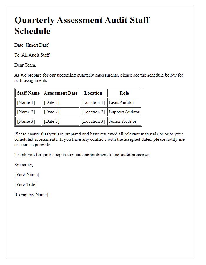 Letter template of audit staff scheduling for quarterly assessments