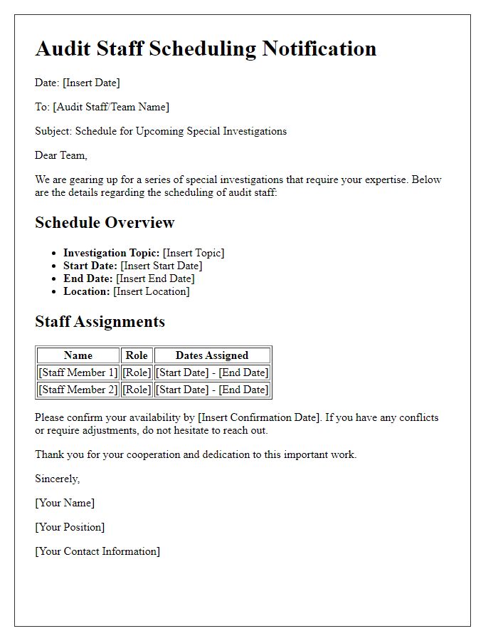 Letter template of audit staff scheduling for special investigations