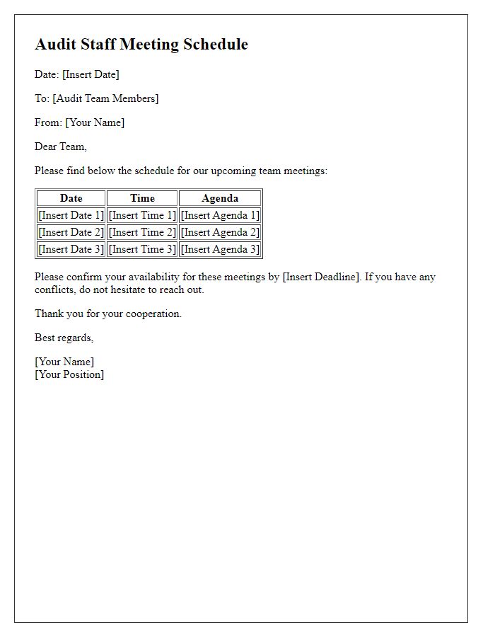 Letter template of audit staff scheduling for team meetings