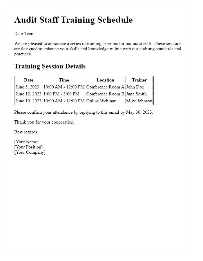 Letter template of audit staff scheduling for training sessions