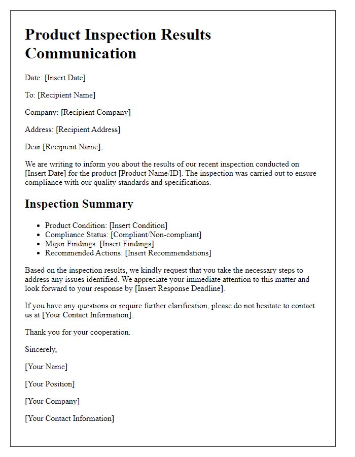 Letter template of product inspection results communication