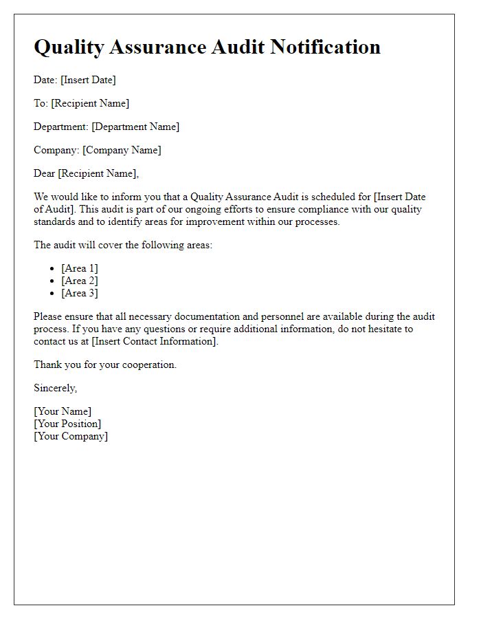 Letter template of quality assurance audit notification