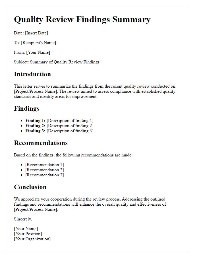 Letter template of quality review findings summary