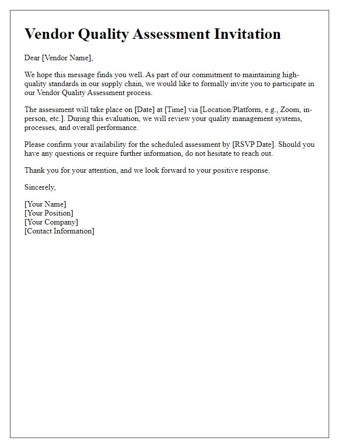 Letter template of vendor quality assessment invitation