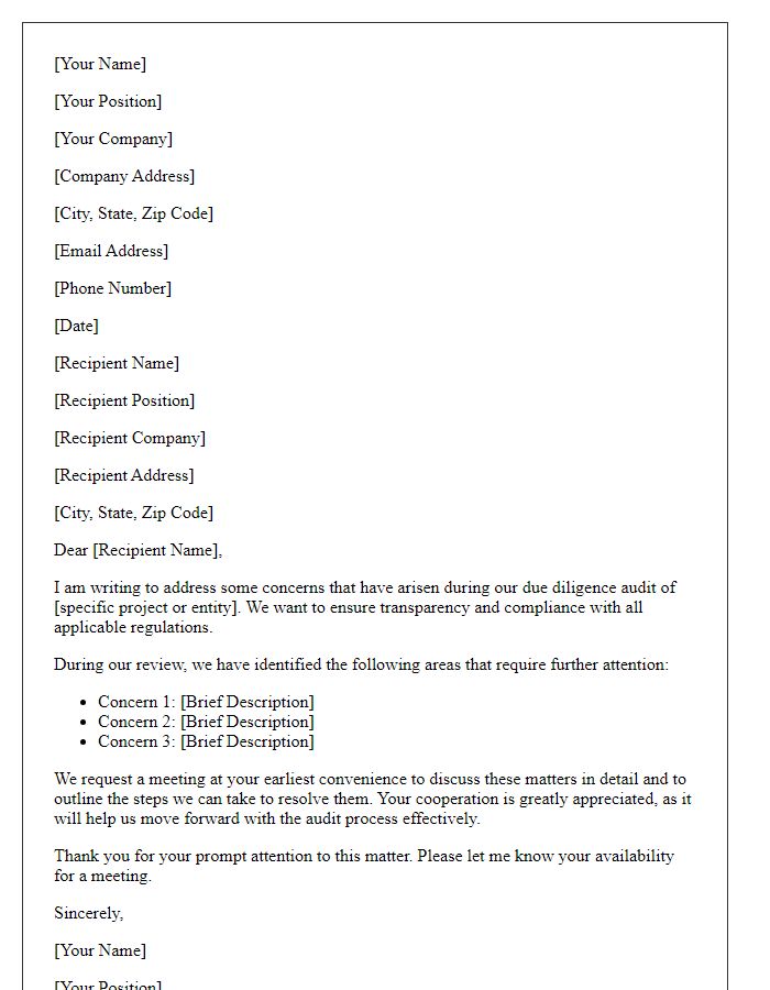 Letter template of due diligence audit concerns