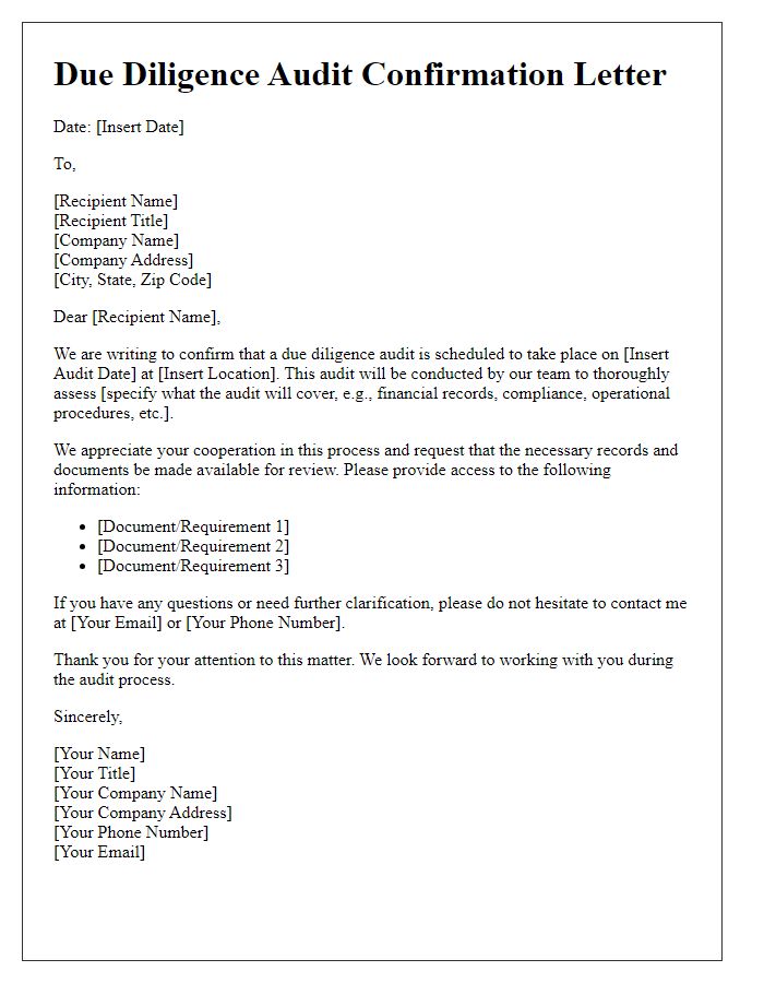 Letter template of due diligence audit confirmation