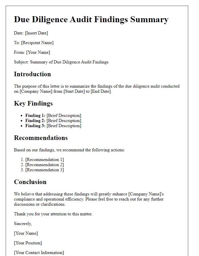 Letter template of due diligence audit findings summary