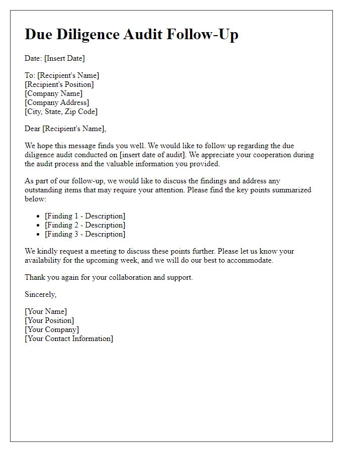 Letter template of due diligence audit follow-up