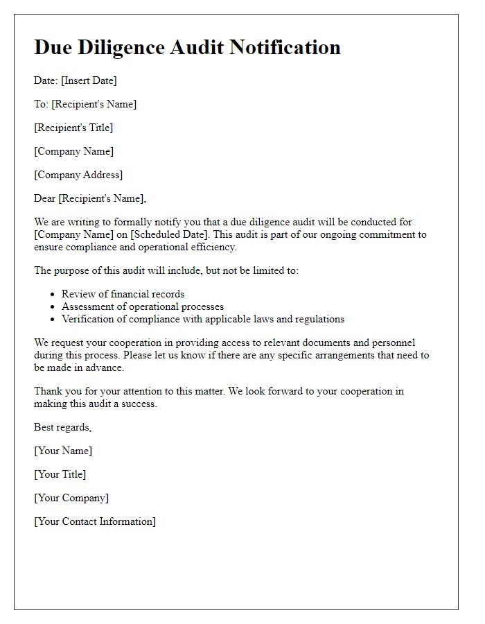 Letter template of due diligence audit notification