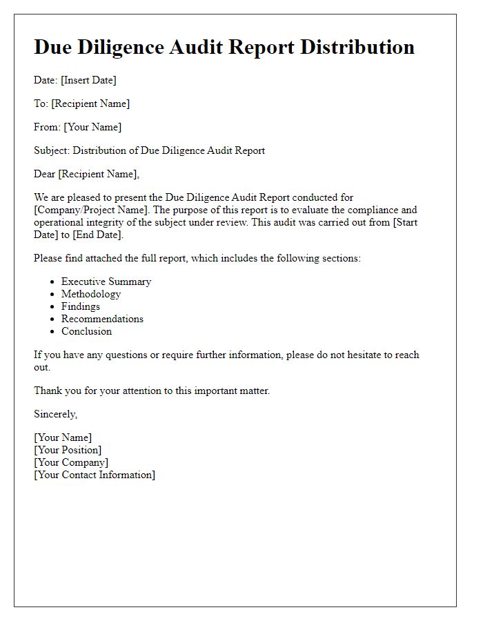 Letter template of due diligence audit report distribution