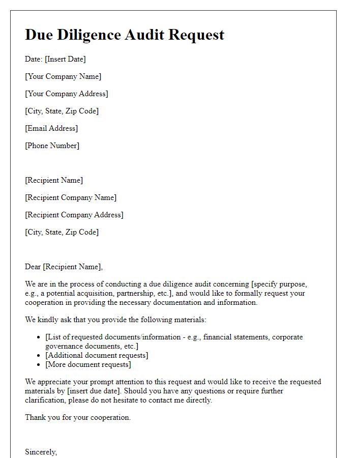 Letter template of due diligence audit request