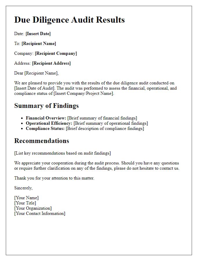 Letter template of due diligence audit results communication