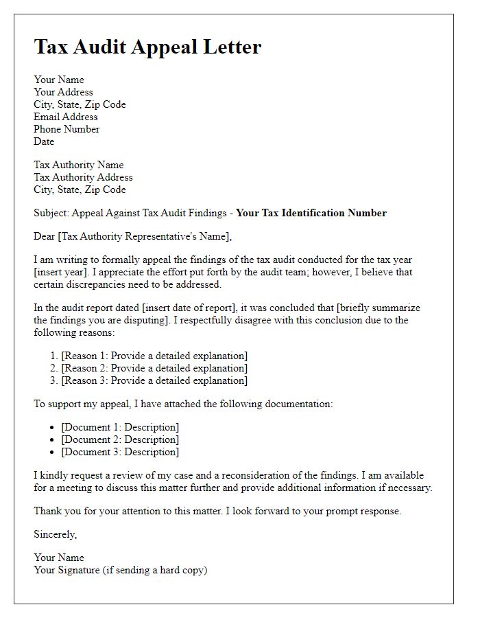 Letter template of tax audit appeal process