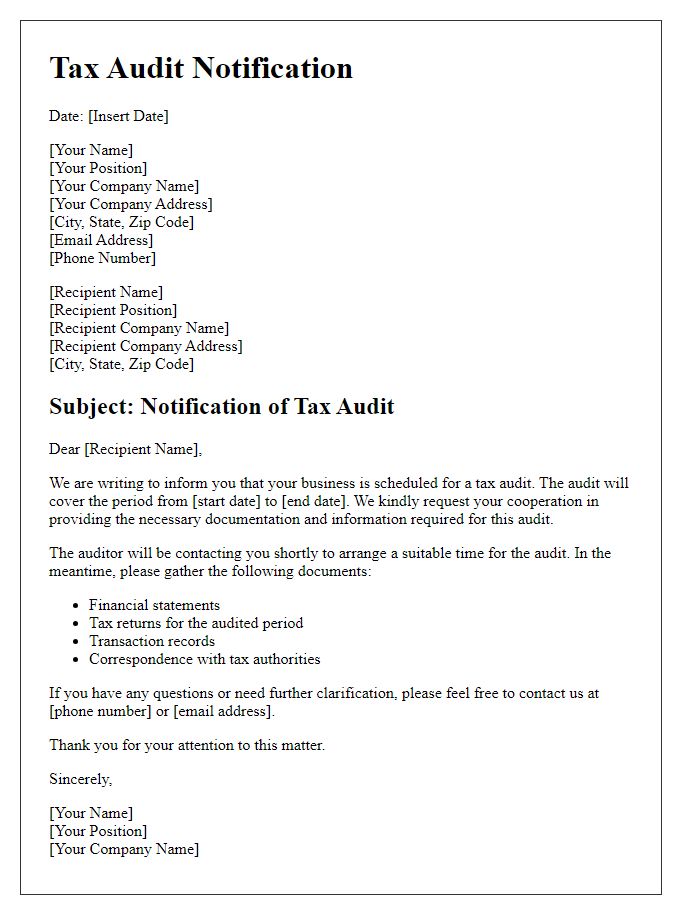 Letter template of tax audit communication for businesses