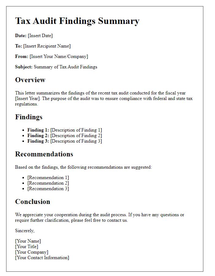 Letter template of tax audit findings summary