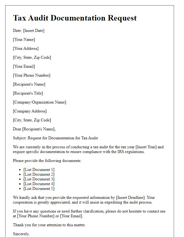 Letter template of tax audit request for documentation