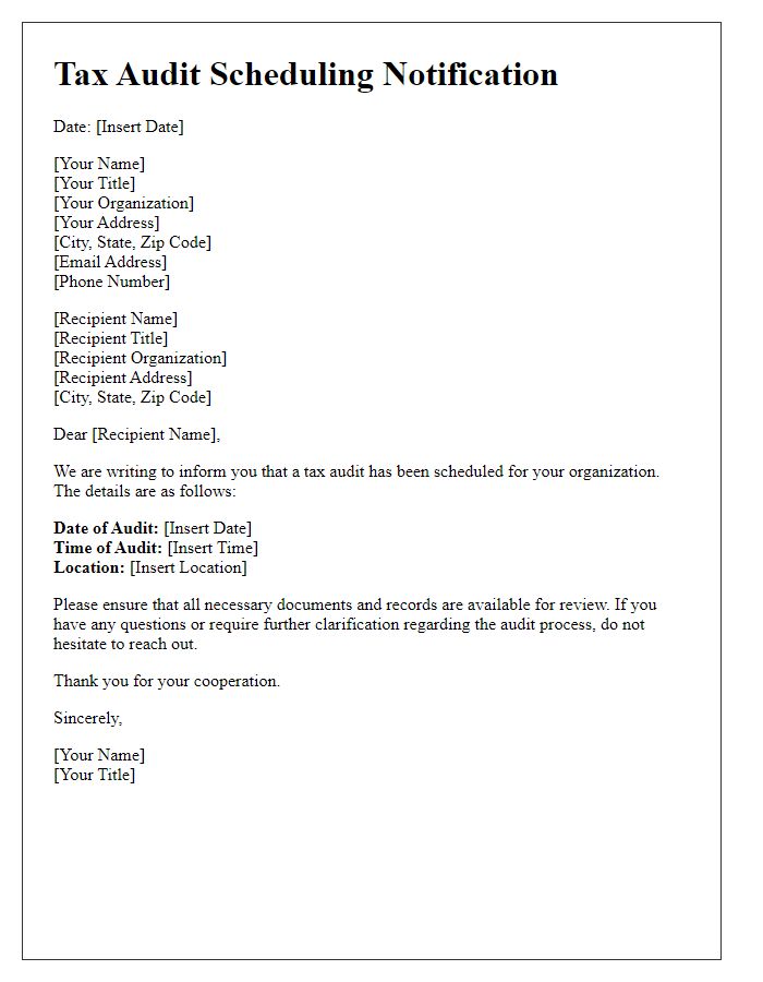 Letter template of tax audit scheduling notification