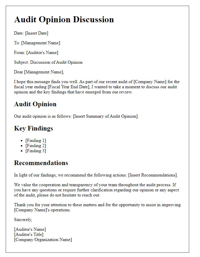 Letter template of audit opinion discussion for management