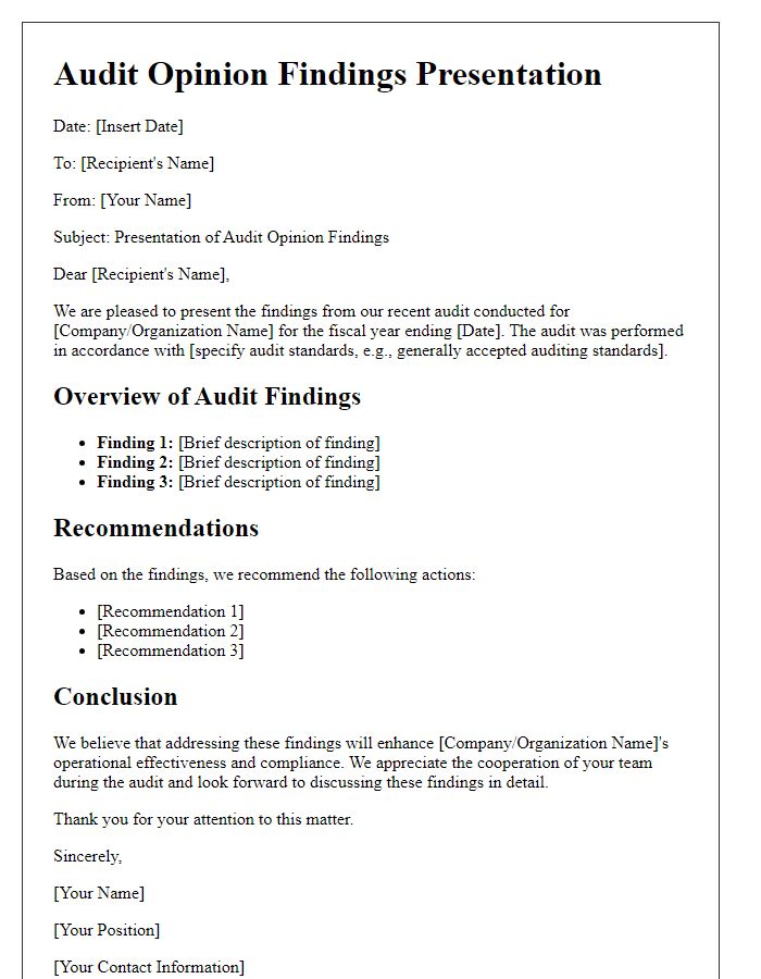 Letter template of audit opinion findings presentation