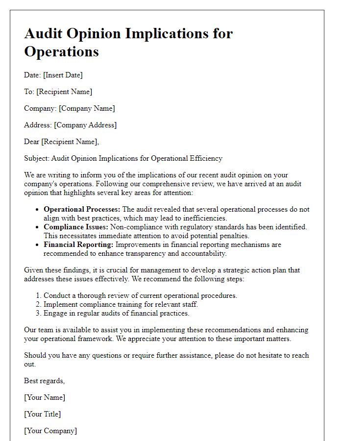 Letter template of audit opinion implications for operations